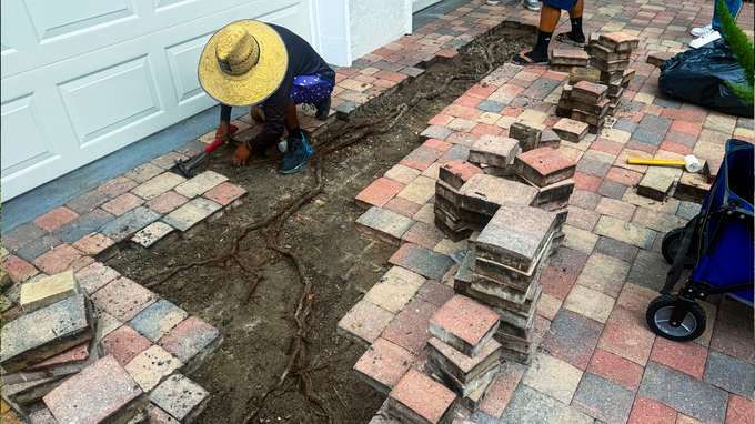 Sunken paver repair in progress - Paver Design Center, Sarasota FL